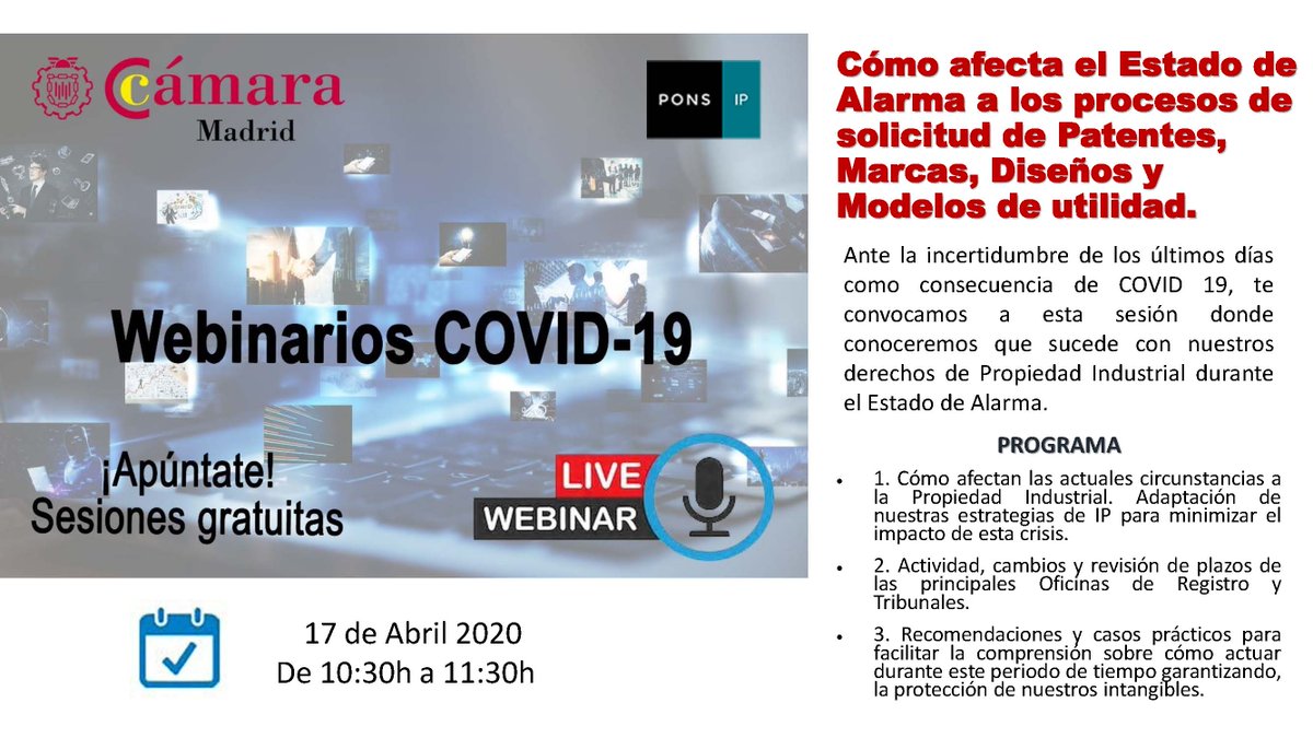 Webinar Cómo afecta el estado de alarma a los procesos de solicitud de patentes, marcas, diseños y modelos de utilidad